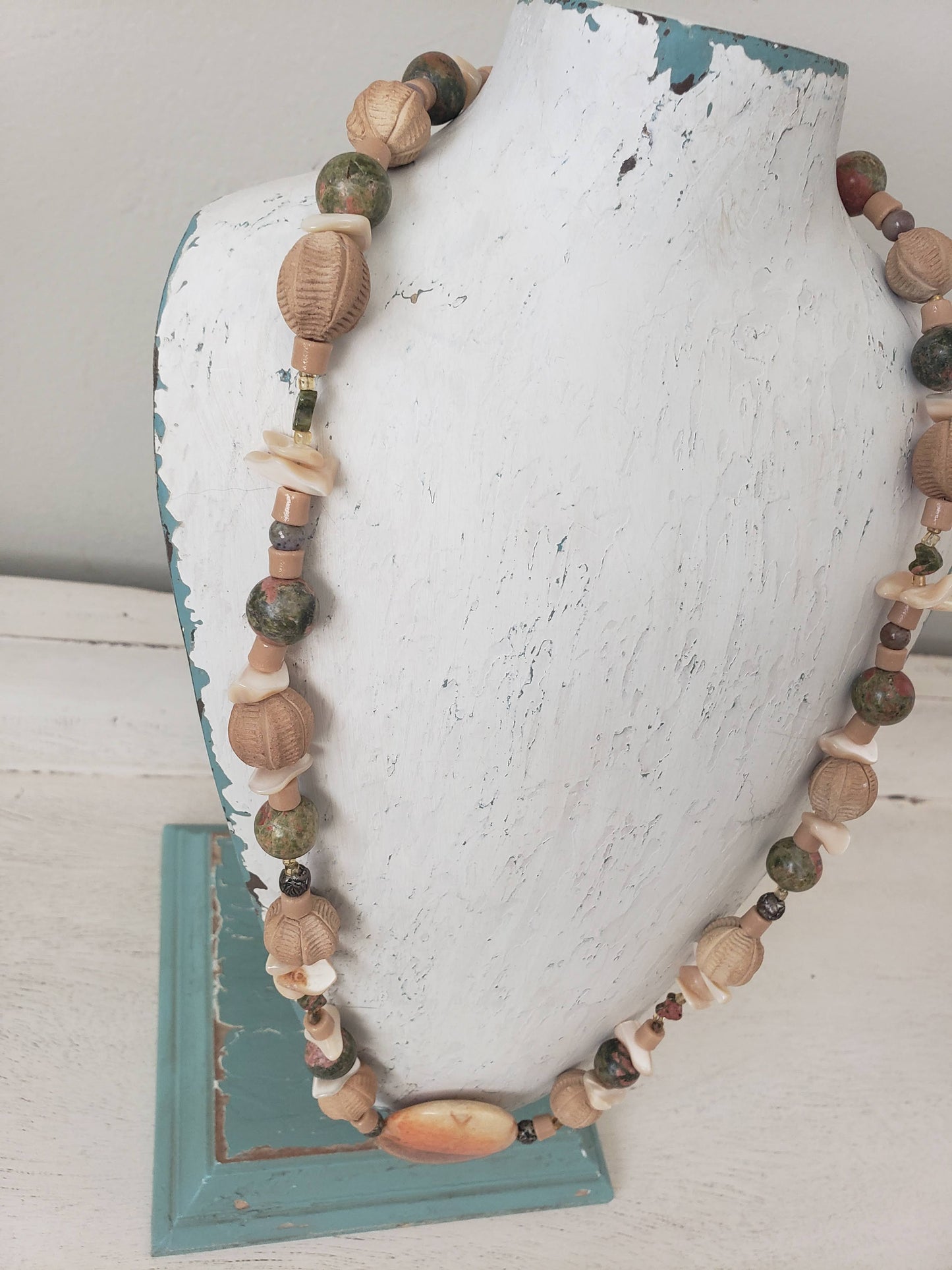 Vintage Carved Wood Bead Necklace